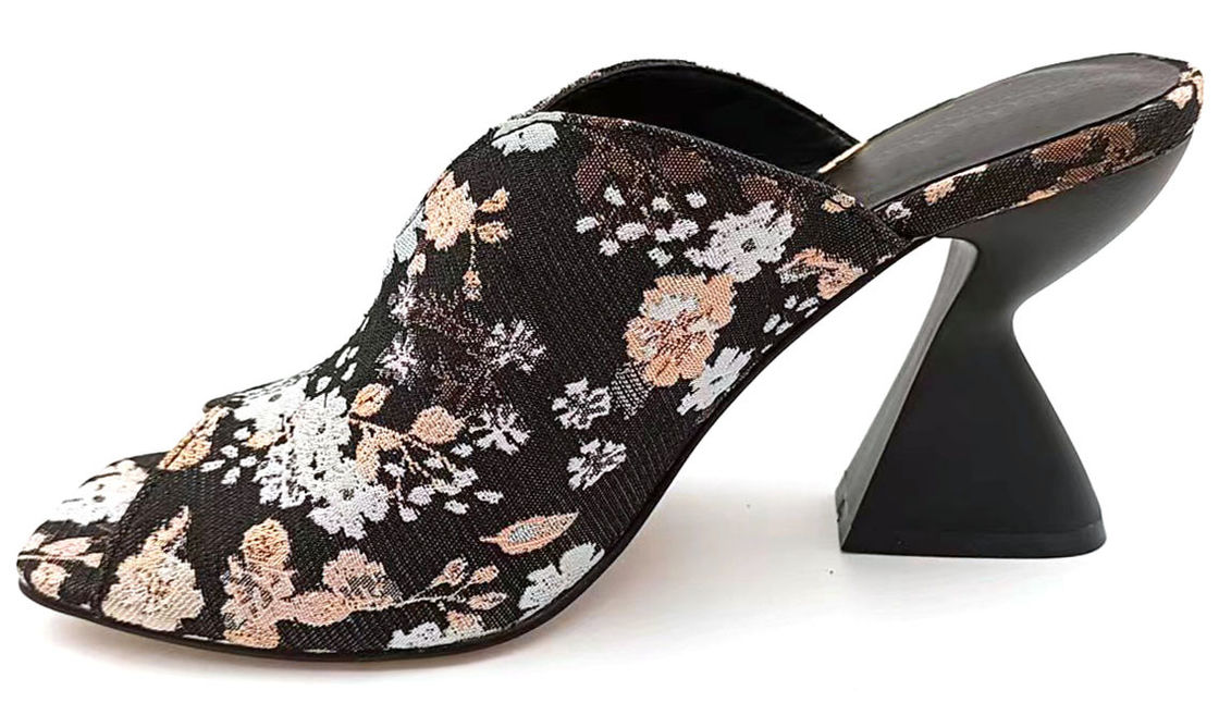 Μπρόκατ Ζακάρντ Φλωρικό Υψηλό Βαμπίρ Peep Toe Mule με γλυπτό κέικ Stand Heel